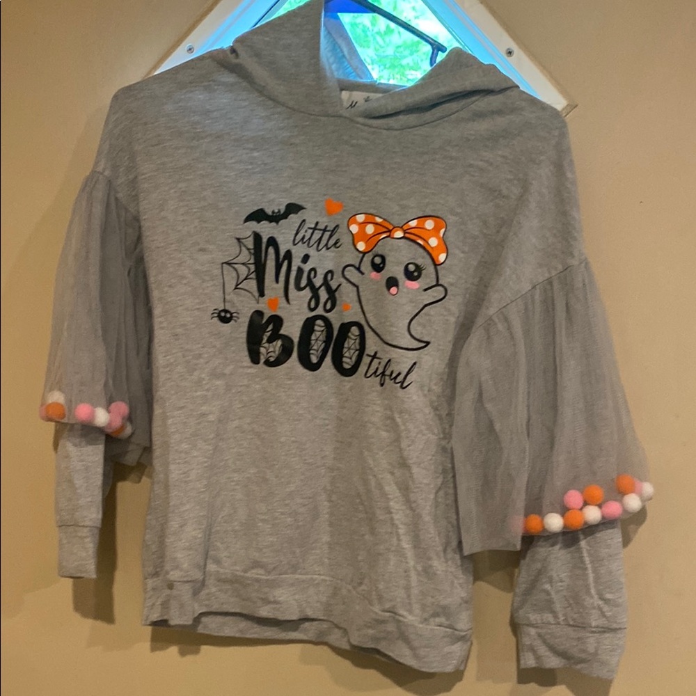 Gray and Orange Halloween Sweatshirt with Pom-Pom Trim